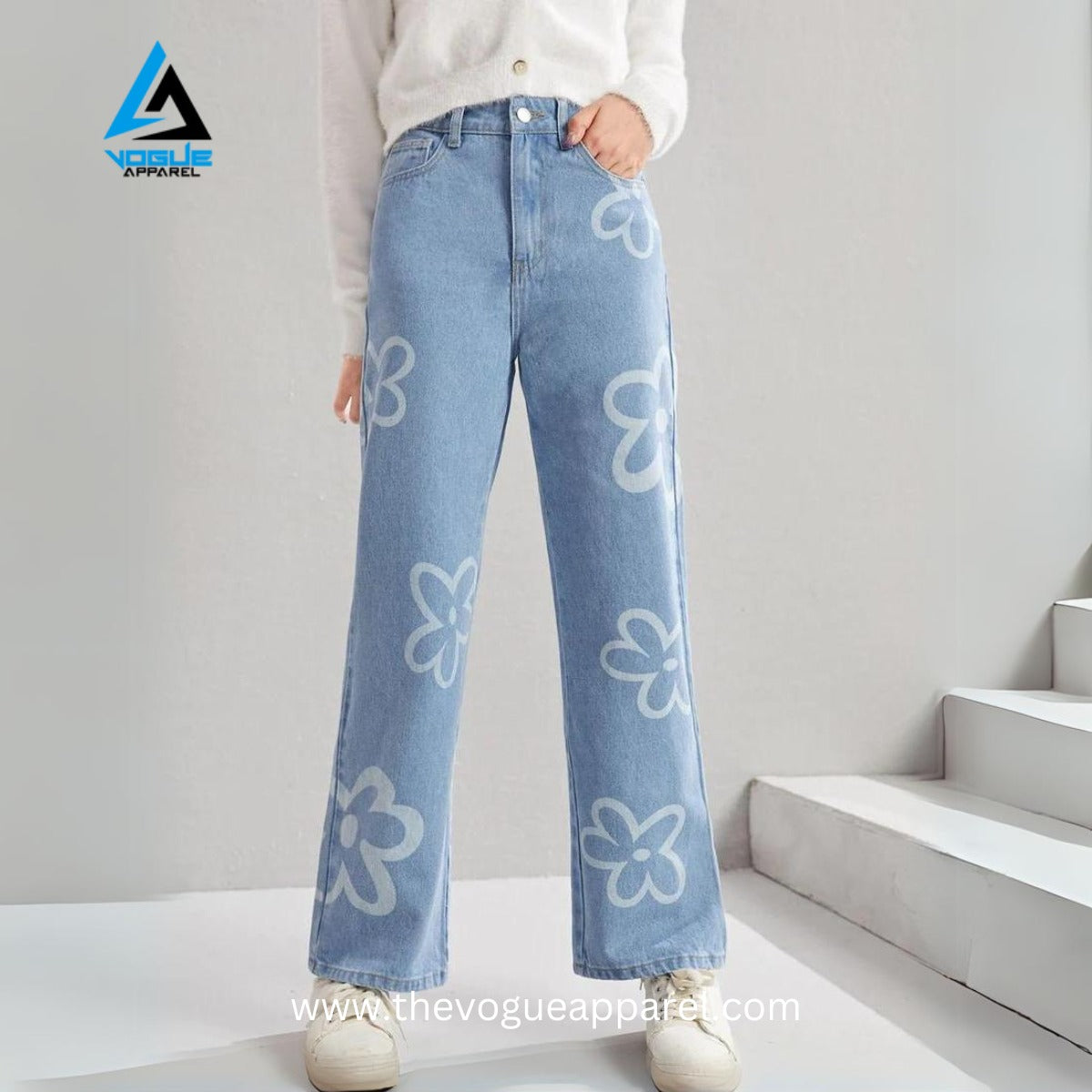 FLORAL BLISS : WIDE - LEG SKY BLUE JEANS - THE VOGUE APPARELS