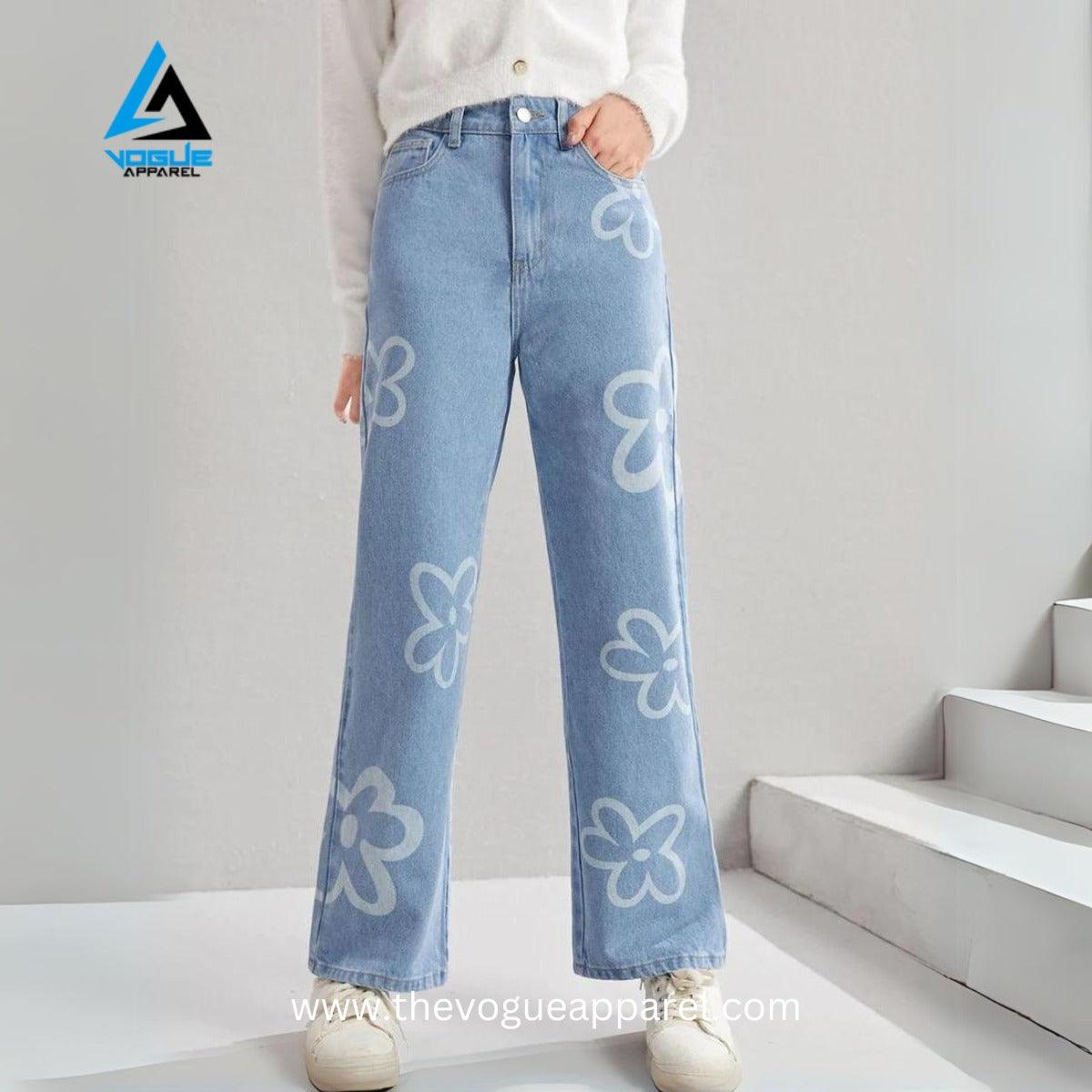 FLORAL BLISS : WIDE - LEG SKY BLUE JEANS - THE VOGUE APPARELS