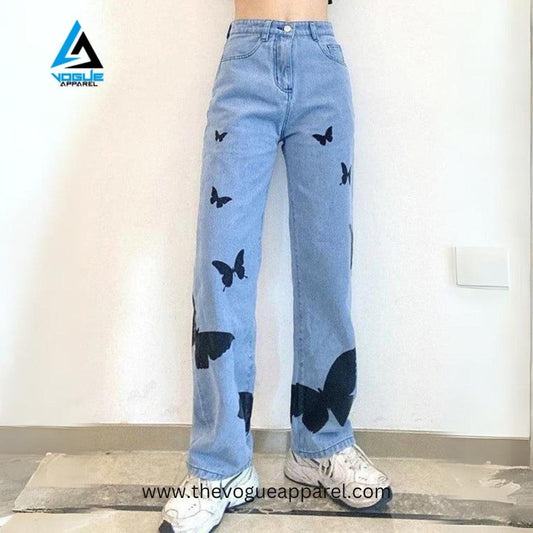 Fluttering Sky Butterfly Wide Leg Jeans - THE VOGUE APPARELS