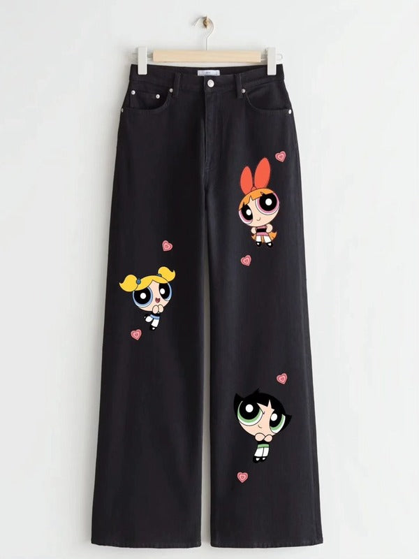 BLACK POWER PUFF GIRLS WIDE LEG JEANS