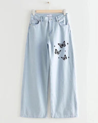 LIGHT BLUE BUTTERFLY DENIM WIDE LEG