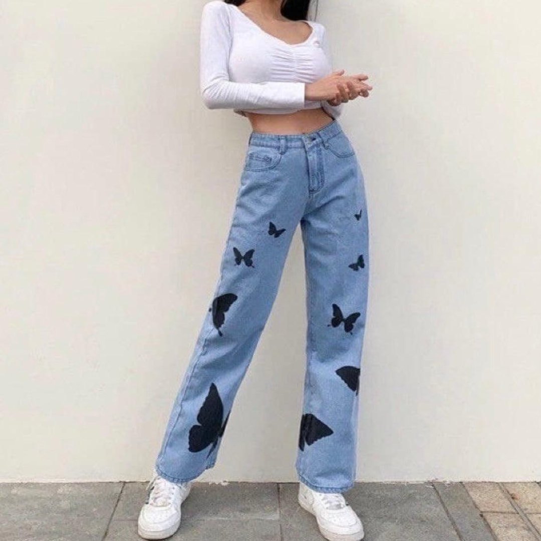 Fluttering Sky Butterfly Wide Leg Jeans - THE VOGUE APPARELS