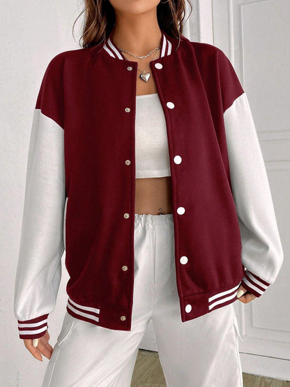 Chic Maroon and White Varsity Jacket for Her – Elevate Your Style - THE VOGUE APPARELS