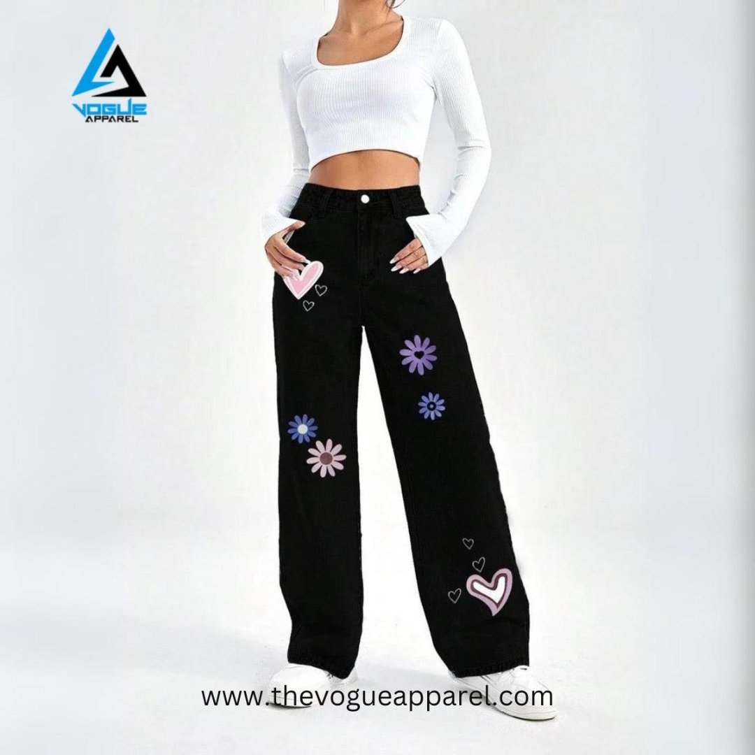 Blossom Hearts wide-leg black jeans - THE VOGUE APPARELS