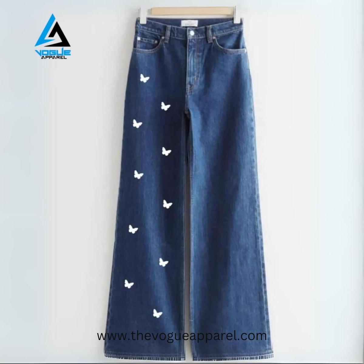 Wide Leg Butterfly Denim Pants - THE VOGUE APPARELS