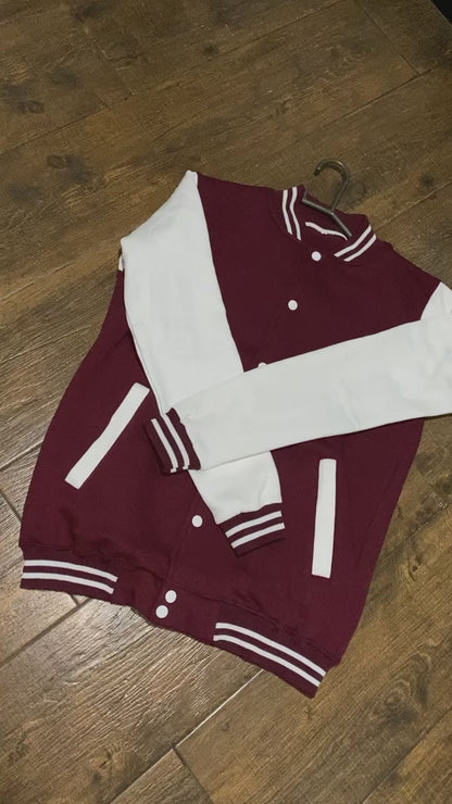 Chic Maroon and White Varsity Jacket for Her – Elevate Your Style